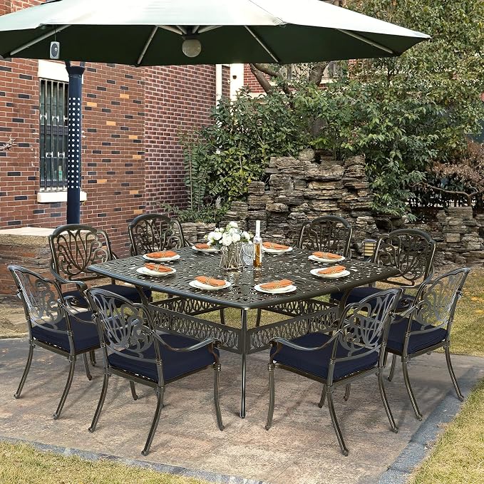 9-Piece Patio Cast Aluminum Dining Set, Outdoor Dining Furniture Set for 8 Person, Includes 64" Square Table and 8 Cushioned Chairs with Umbrella Hole for Patio Deck Garden, Navy Blue
