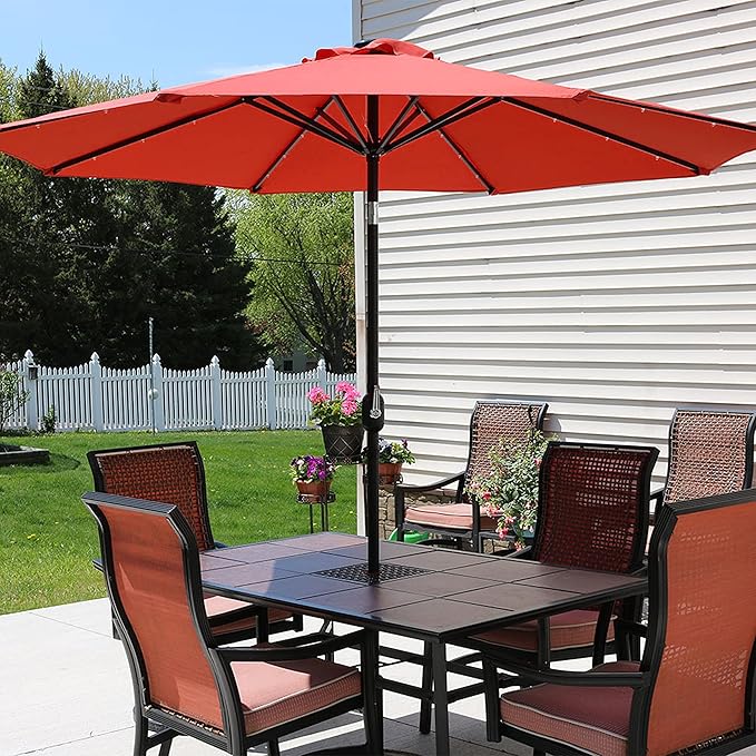 Sunnydaze 9 ft Outdoor Patio Umbrella with Solar Lights - Polyester LED Table Market Umbrella with Push-Button Tilt and Crank - Burnt Orange