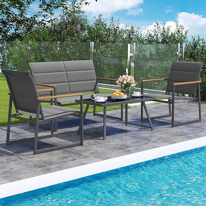 Tangkula 4 Piece Patio Furniture Set, Outdoor Metal Conversation Set with Padded Fabric Seat & Wood-Plastic Armrests, Sectional Sofa Set with Tempered Glass Coffee Table for Backyard, Porch (Gray)