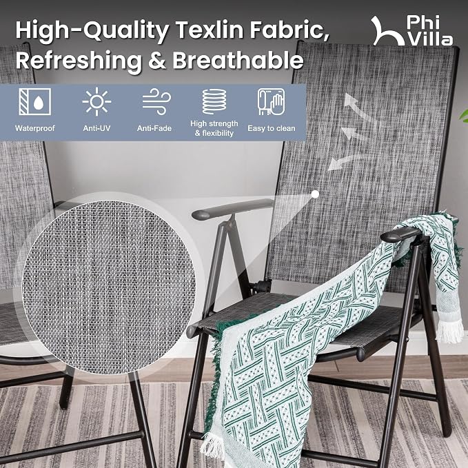 PHI VILLA Outdoor Dining Set with Umbrella for 6, Patio Dining Set with Outdoor Table and Chairs Set, Ajustable Grey Folding Patio Chairs (No Umbrella Base)