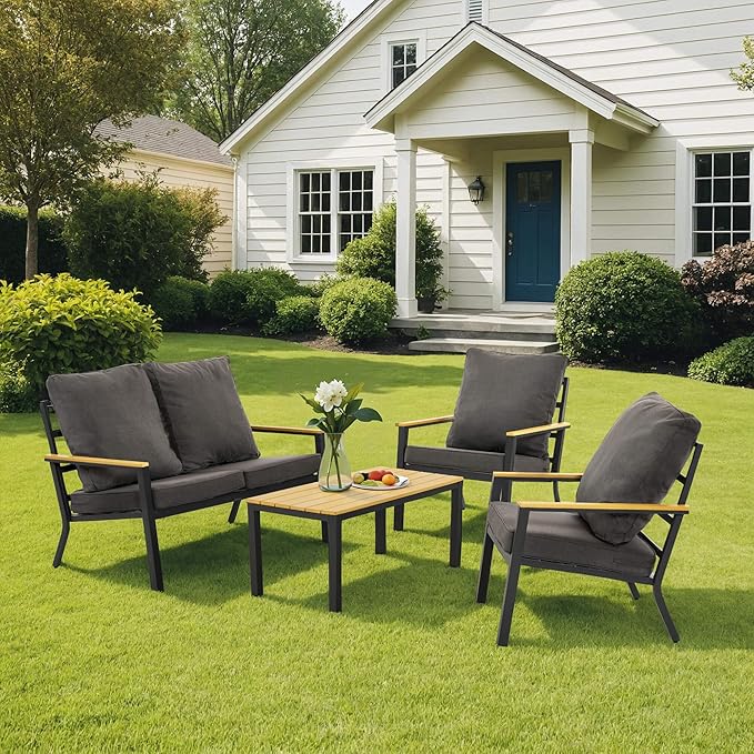 ivinta 4 Pieces Patio Furniture Sets with Coffee Table, Modern Wrought Iron Outdoor Conversation Sets with Removable Seating Cushion for Backyard Garden Porch, PF05 (Gray)
