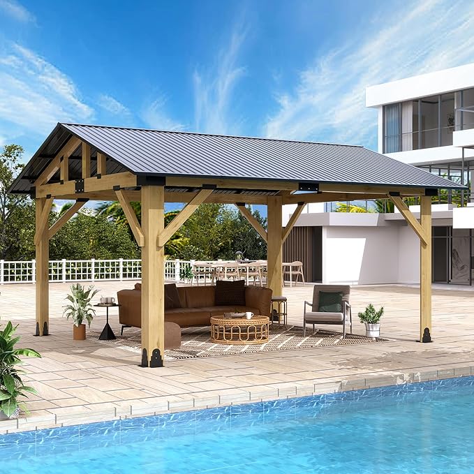 13' x 15' Wood Gazebo, Outdoor Hardtop Gazebo with Galvanized Steel Roof, Cedar Wooden Frame Gazebos for Garden, Patio, Deck
