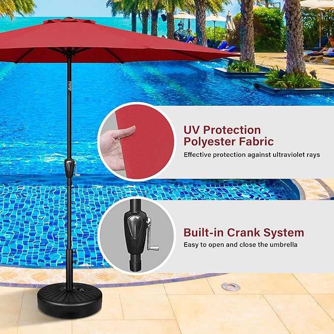 HealSmart 9' Outdoor Patio Umbrella, Market Table Umbrella with 8 Sturdy Ribs, Push Button Tilt and Crank for Garden, Yard, Pool, Red