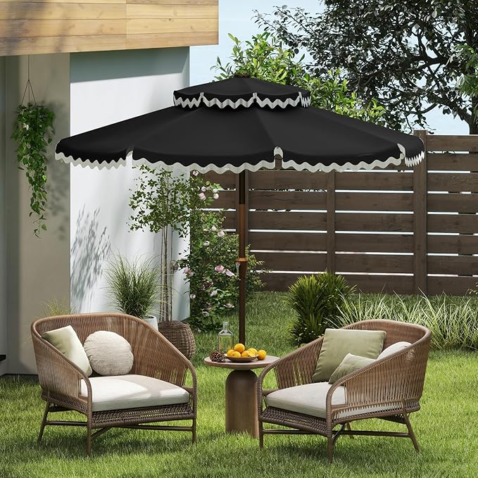 Kingdura 9ft Patio Umbrella with Fringe, Outdoor Table Umbrella with 8 Sturdy Fiberglass Ribs, Push-Button Tilt, Fade Resistant Canopy, UPF 50+, Luxurious Vintage Pool Umbrellas for Lawn, Deck, Balcony