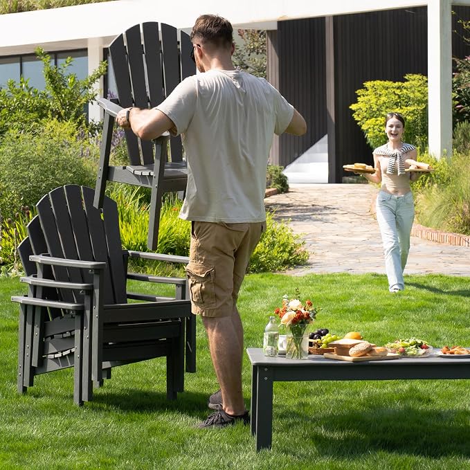 nevilywood Compact Stackable Adirondack Chairs Set of 2,HDPE,380lbs,Grey | 26.3" Wide HDPE.All-Weather Outdoor.Maintenance-Free.Stackable for Storage.25°Curved Straight Backrest.Quick Assembly