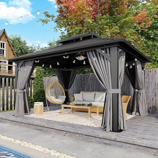 Aoxun 12x14 Hardtop Gazebo, Aluminum Frame Outdoor Gazebo with Double Galvanized Steel Roof, Large Patio Pavilion with Netting and Curtains, Backyard Gazebo for Patio Deck Garden