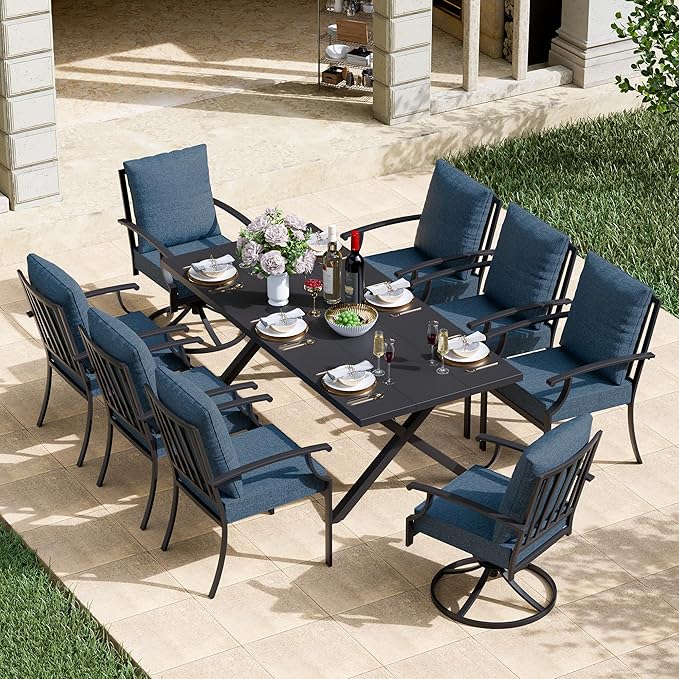 Kullavik 9 Pieces Outdoor Dining Set,Patio Dining Table and Chairs Set for 8,Fence Pattern Back Chairs with Thickened Cushions & Rectangular Metal Dining Table with Umbrella Hole for Patio,Navy Blue