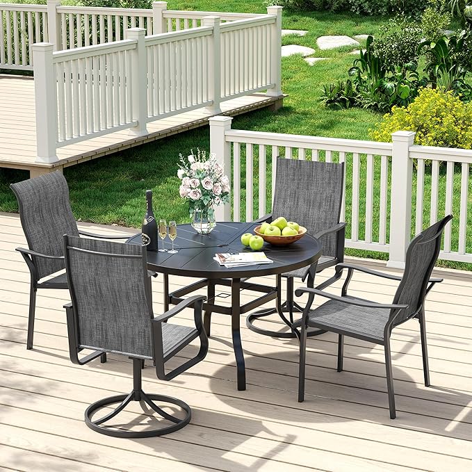 UDPATIO 5 Piece Outdoor Patio Table and Chairs Set for 4, 39" Black Round Table with Umbrella Hole, Gray Patio Chairs, Patio Table with Chairs, Outdoor Patio Dining Set for Lawn, Backyard, Deck