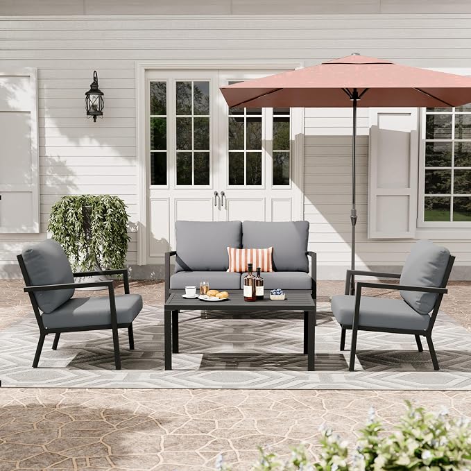 HAPPATIO Aluminum Patio Furniture Set, 4 Pieces Conversation Set with Thick Cushions and Coffee Table, All Weather Loveseat Waterproof and Rustproof for Garden, Backyard, Porch, Black