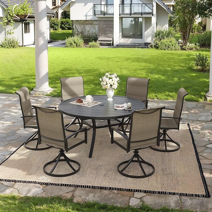VICLLAX 7 Pieces Outdoor Dining Set, Patio Furniture Set Includes 47" Round Metal Table W/ 1.9" Umbrella Hole and 6 Padded Textilene Swivel Chairs for Porch, Lawn, Garden, Backyard