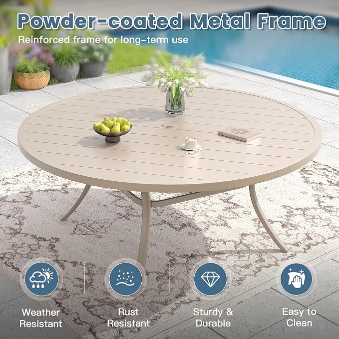 DIFY Outdoor Dining Set for 8, 9 Piece Patio Table and Chairs Set, Swivel Patio Dining Chairs with Textilene Fabric & 63" Round Metal Dining Table with Umbrella Hole, for Garden Backyard, Sandshell