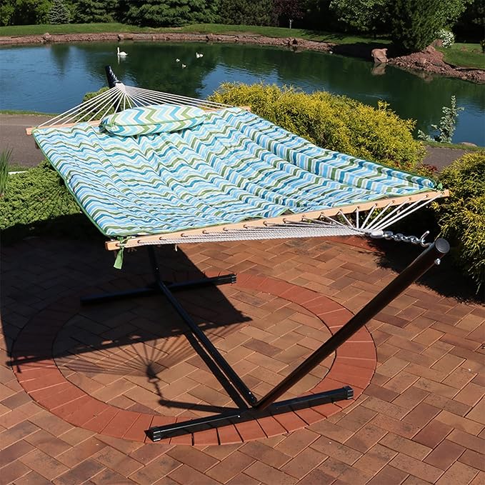 Sunnydaze Rope Hammock with Stand for Outside- 275-Pound Capacity - Includes 12-Foot Hammock Stand, Spreader Bar, Pad, and Pillow - Blue and Green Chevron