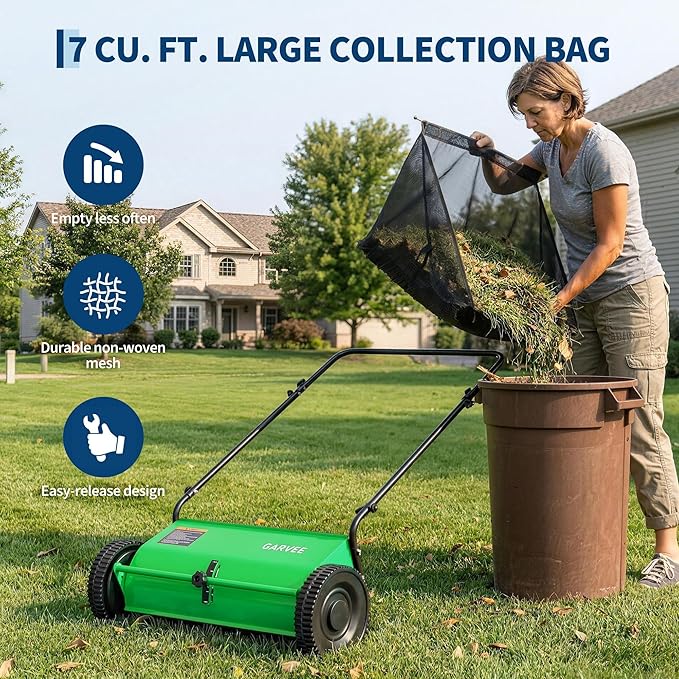 Garvee 26 Inch Push Lawn Sweeper, Walk Behind Leaf Grass Collector with 7 Cu ft Hopper Bag, Carbon Steel Frame, Yard Sweeper with Adjustable Brush Height for Garden Patio Driveway Leaves Cleanup