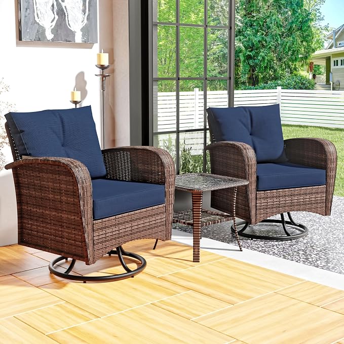 3 Pieces Conversation Furniture Set of Patio Swivel Rocking Chairs and End Table, Wicker Rattan Outdoor Set with Washable Cushions for Backyard, Poolside, Sunroom (Navy Blue)