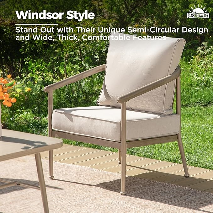 4 Piece Metal Outdoor Patio Furniture Sets, Unique Windsor Style Patio Conversation Sets 1 3-Seater Sofa, 2 Single Sofas and Coffee Table with 5.75" Thick Cushion, Backyard Furniture