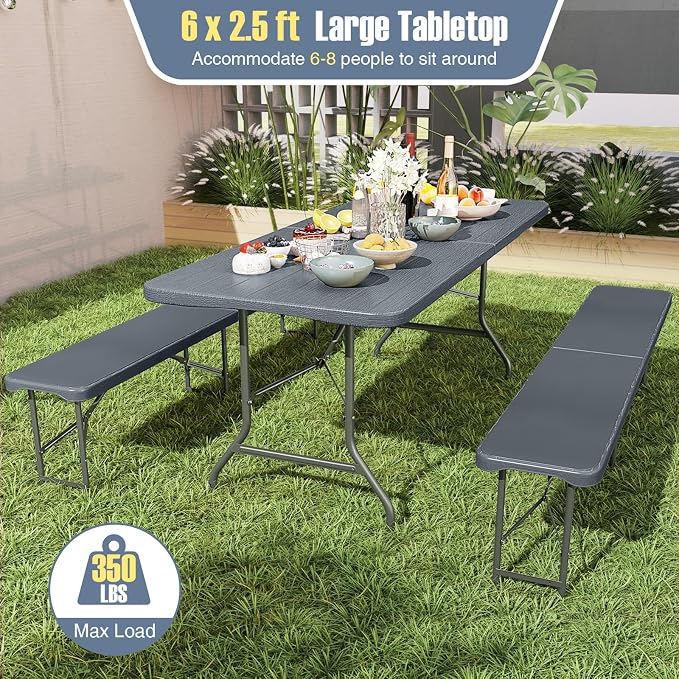 Goplus 6ft Plastic Folding Table, 350 LBS Indoor Outdoor Heavy Duty Portable Folding Tables with HDPE Tabletop, Handle, Lock, Foldable Rectangle Utility Card Table for Picnic, Party, Camping, Dining
