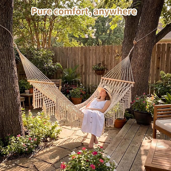 Hand Woven Cotton Rope Hammock with Spreader Bar & Fringes, 10 ft Double Hammock for Patio Garden Yard Porch Camping Beach Indoor Outdoor Hanging Include Rope Straps, 2 Person, 450lb Capacity