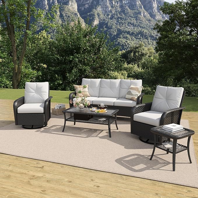 LazySunsets 7 Piece Outdoor Patio Furniture Set with Coffee Table, Wicker Rattan Outdoor Furniture with High Back Swivel Rocker Chairs, Outdoor Conversation Sets with Thick Cushions, Beige