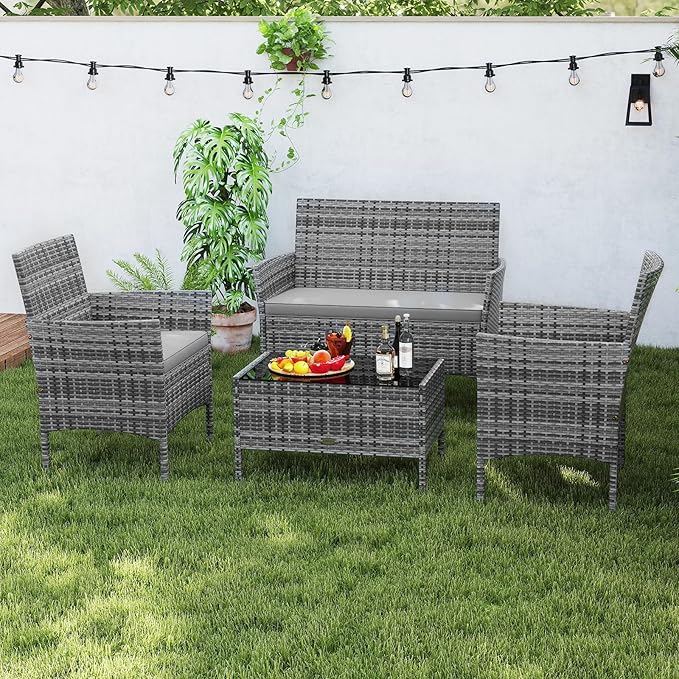 Tangkula 4 Piece Patio Rattan Conversation Set, Outdoor Wicker Furniture Set with Chair, Loveseat & Tempered Glass Table, Cozy Seat Cushions, Outside Sectional Sofa Set for Backyard, Porch