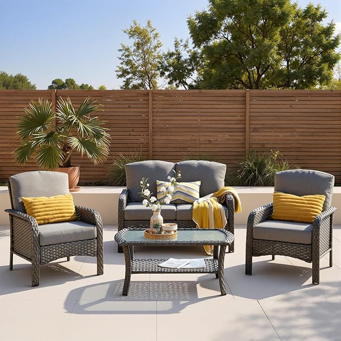 4-Piece Patio Furniture Set, Outdoor Wicker Furniture with Coffee Table, All Weather High Back Loveseat Patio Chairs, Modern Rattan Outdoor Chairs Conversation Set for Porch, Balcony, Garden,Dark Gray