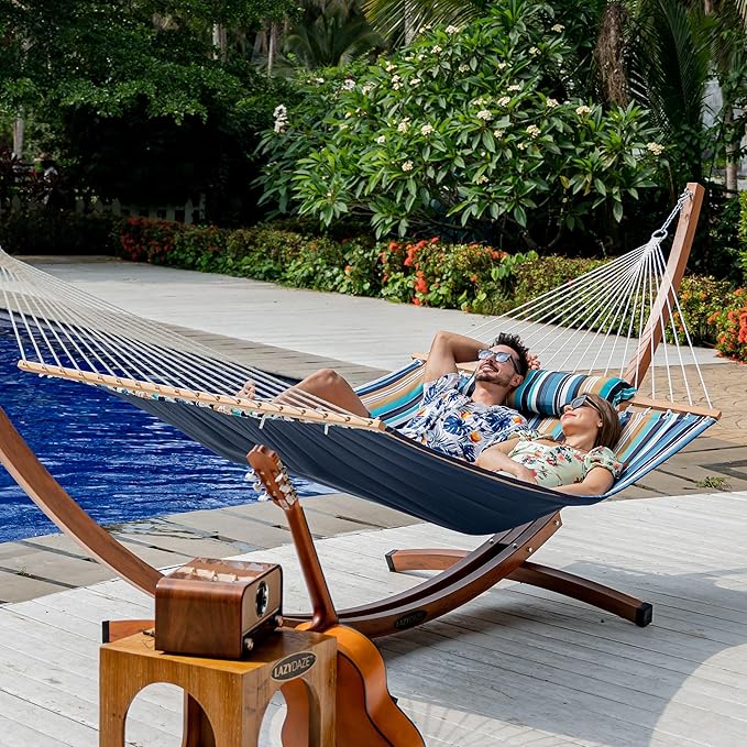 Lazy Daze Hammocks 2 Person Double Quilted Fabric Hammock with Spreader Bar, Detachable Pillow, Side Pocket, Carabiners, Chains, Straps for Outdoor, 450lbs Capacity, Beach Stripes