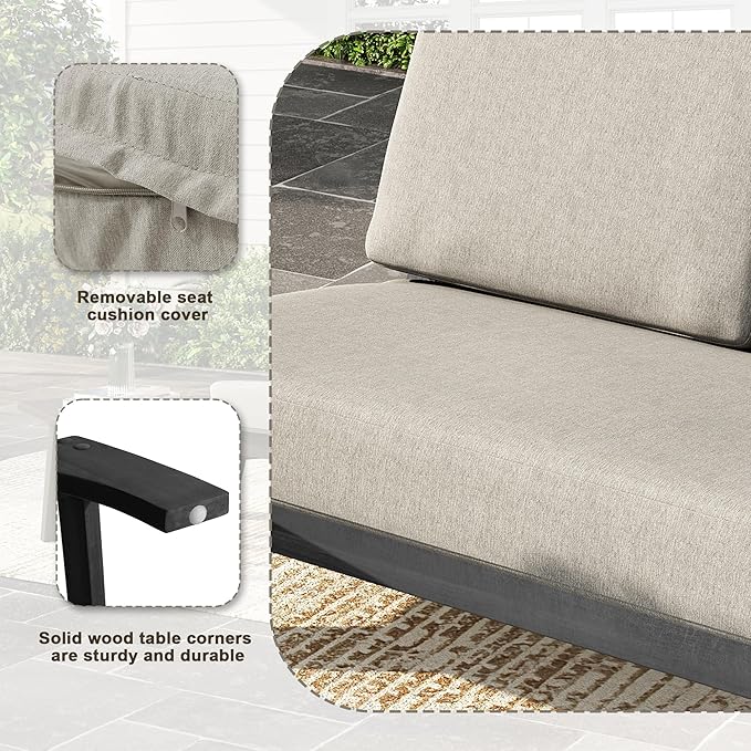 UIXE Black Wood Patio Furniture Sets, 3 Pieces All Weather Patio Loveseat Sofa Outdoor Sectional Futniture Backyard Conversation Set with Solid Wooden Coffee Table - Light Camel