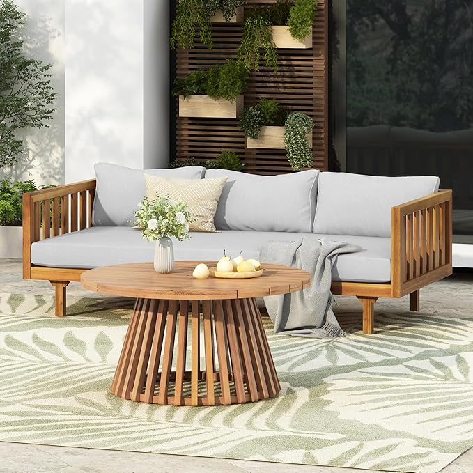 Merax Outdoor Acacia Wood Conversation Set - Patio 3-Seat Loveseat Sofa w/Coushion and Round Coffee Table for Backyard, Lawn, Balcony, Teak+Light Gray/Light Teak