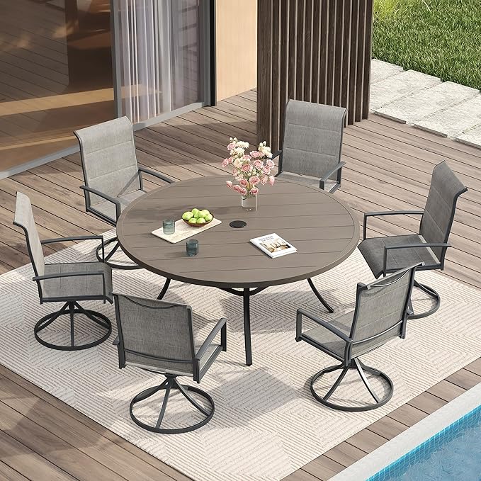 VICLLAX 7 Pieces Patio Dining Set for 6-Outdoor Furniture Includes 53" Round Outdoor Table and Swivel Padded Chairs, Grey Wood Grain Tabletop and Grey Fabric