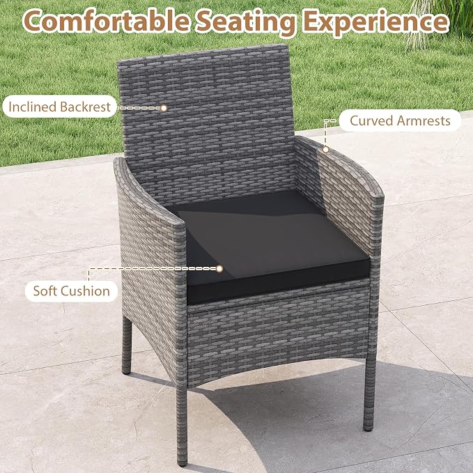 Tangkula 5 Pieces PE Wicker Patio Dining Set, Outdoor Acacia Wood Table and Chairs with Cushions and 1.97" Umbrella Hole, for Deck, Garden and Backyard (Black)