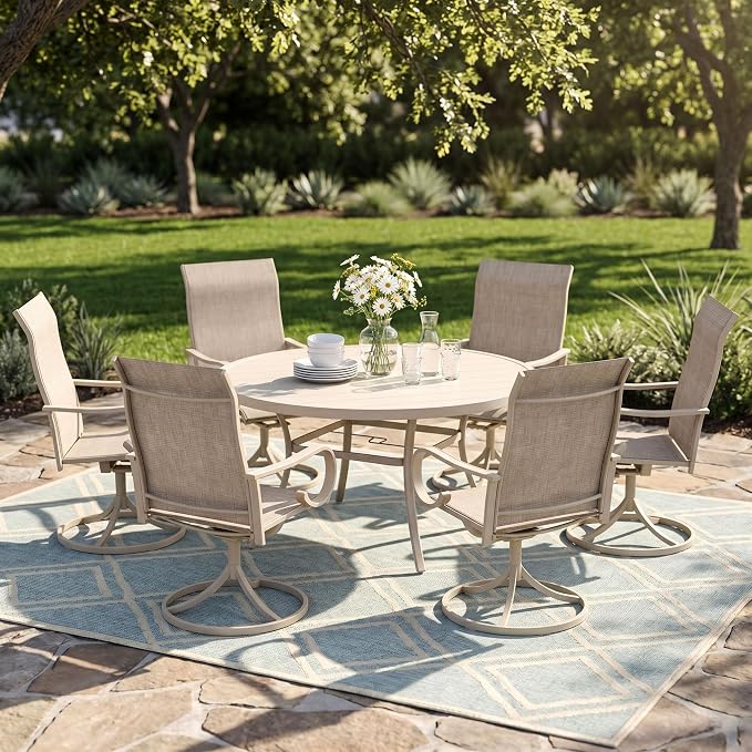 7 Pieces Patio Dining Set, 6 Outdoor Swivel Dining Chairs with 50" Round Metal Outdoor Dining Table with Umbrella Hole for Garden Backyard Deck, Sandshell
