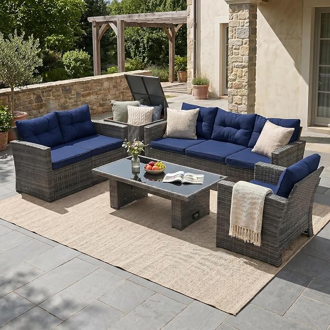 JOIVI 8 Pieces Outdoor Patio Furniture Set with Height-Adjustable Lifting Dining Table, Wicker Sectional Furniture Sofa Set with Storage Box, Patio Conversation Set for Backyard, Deck, Navy Blue