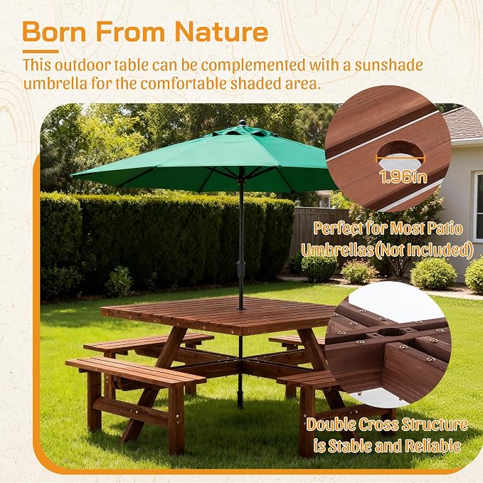Wood Picnic Table Bench Set for 4-8 Person, Square Picnic Tables for Outdoor with Umbrella Hole and Benches, Outside Dining Table Patio Furniture Set for Garden, Backyard, Porch and Deck