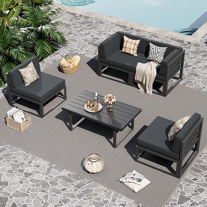 UDPATIO Aluminum Patio Furniture Set, Modular Oversized Outdoor Sectional of Olefin 5 inch Thick Cushion, Coffee Table and Waterproof Cover, Patio Conversation Sets for Porch, Deck
