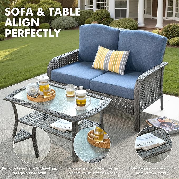 Weaxty Wicker Patio Furniture Set High Back Loveseat Sofa Couch Armchair Coffee Table, All Weather Rattan 4 Pieces Outdoor Conversation Sets for Patio Porch Deck Backyard Poolside, Denim Blue