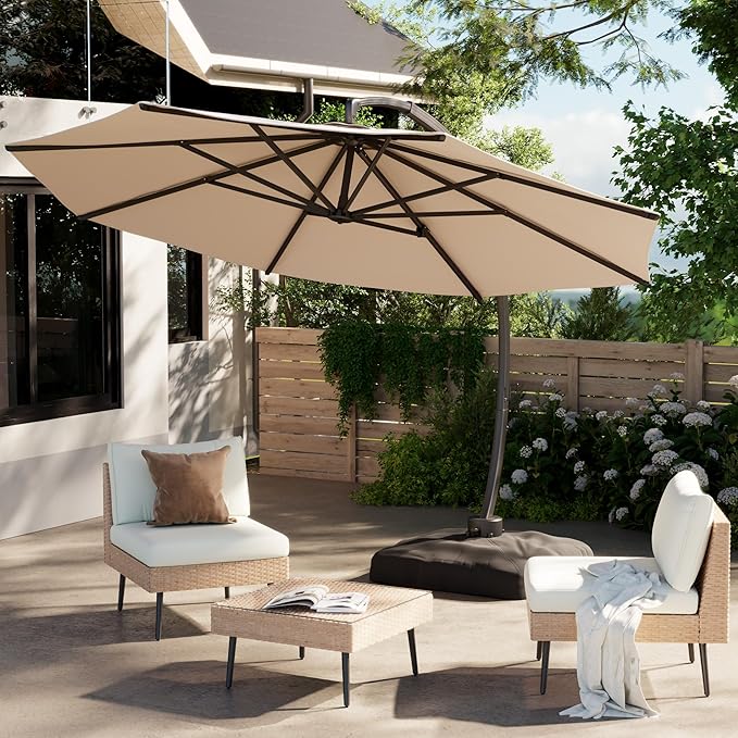 ENSTVER 12FT Cantilever Patio Umbrella With Base Included, Round Large Aluminum Outdoor Cantilever, Heavy Duty Offset Umbrella with 360°Rotation for Pool, Deck, Backyard, Garden(Champagne)