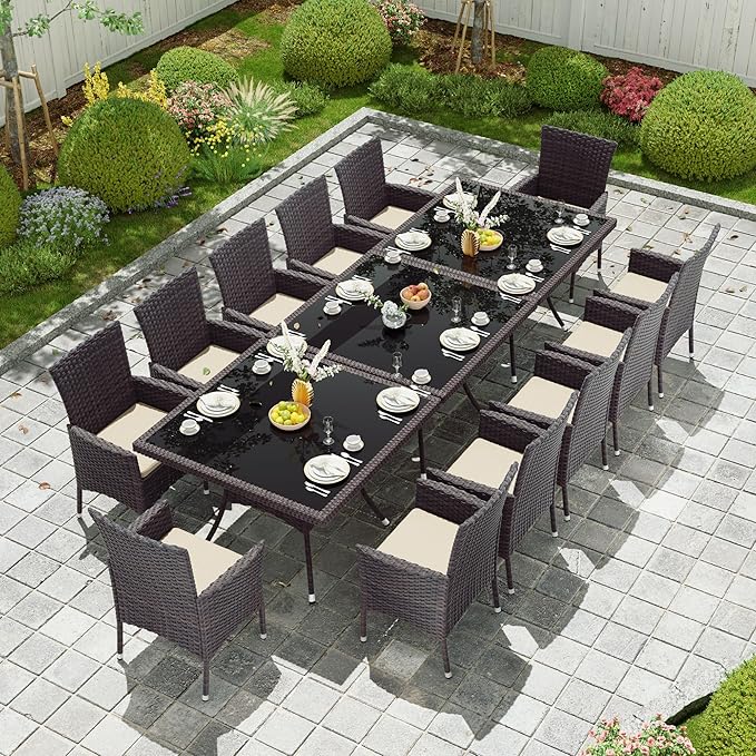 Kullavik 15 Pieces Outdoor Dining Set Patio Rattan Furniture Set,Patio Dining Table and Chairs Set with 12 Chairs and Cushions,Square Glass Tabletop with Umbrella Hole for Patio,Backyard,Sand