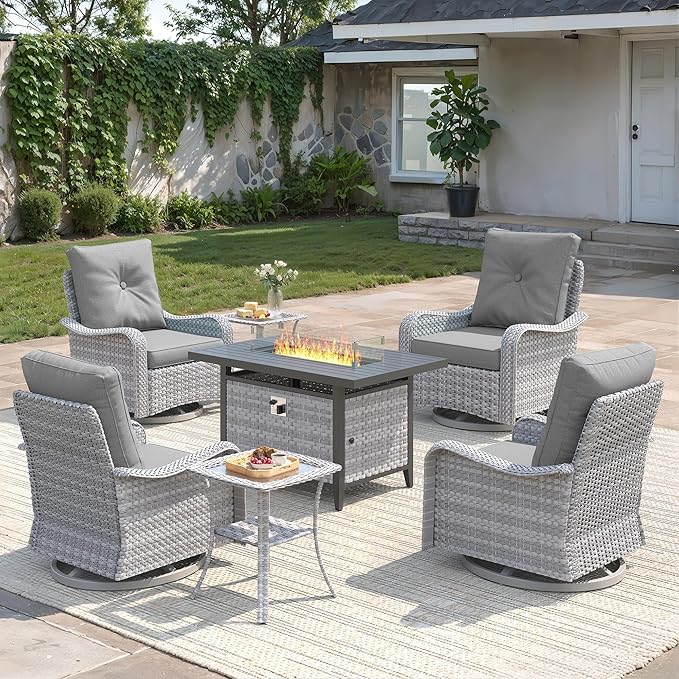 7-Piece Outdoor Conversation Set with 43" Fire Pit Table, 4 Swivel Rocking Chairs (4" Cushions) & 2 Side Tables, All-Weather PE Rattan & Steel Frame for Porch, Deck, Backyard, Grey