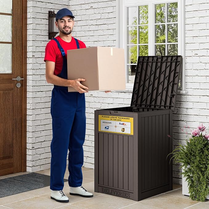 Package Delivery Box for Outside With Sign, Lockable Outdoor Storage Box Waterproof Deck Box, Large Double Wall Resin Parcel Drop Boxes, 48 Gallon, Classic Brown