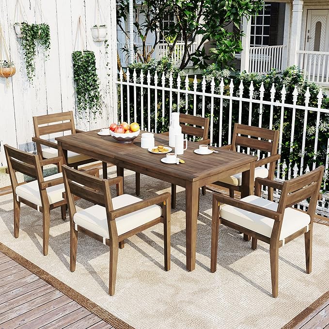 RUNNA 7-Piece Outdoor Dining Table Set with Acacia Tabletop and 6 Chairs Indoor and Outdoor Furniture Sets,for Patio, Balcony Or Backyard. (Burly Wood@015)