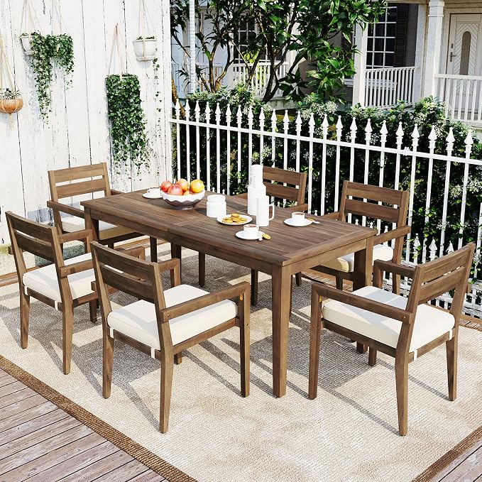 7 Piece Patio Dining Set, 70.9" Rectangular Acacia Wood Outdoor Dining Table & 6 Dining Arm Chairs with Cushion, Suitable for Outdoors and Indoors (Burly Wood@015)