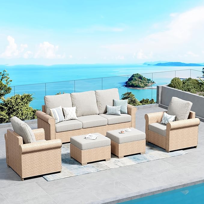 Patio Furniture Set 5 pcs, Wicker Rattan Sofa with 5.5" Thick Waterproof Cushions, 2 Chairs and Ottomans, All Weather Outdoor Conversation Set for Backyard Deck, 7 Seats Beige