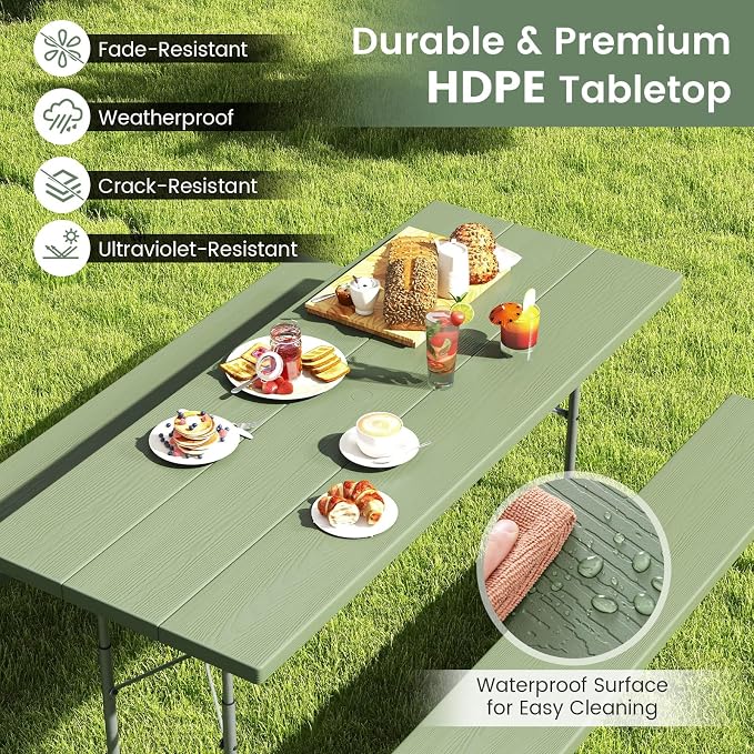Giantex Folding Picnic Table - 6 FT Outdoor Table Bench Set for 8 Persons w/All-Weather HDPE Tabletop, Metal Leg, Umbrella Hole, Large Outside Dining Table for Patio Garden Yard Poolside (Green)