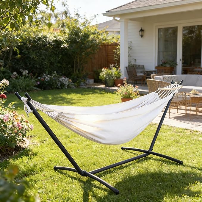 2 Person Hammock with Stand for Indoor & Outdoor, 550lbs Sturdy Steel Frame - Anti-Flip Curved Bars Safety - Comfortable Cotton Portable Hammock for Patio, Sunroom, Bedroom, Natural Beige