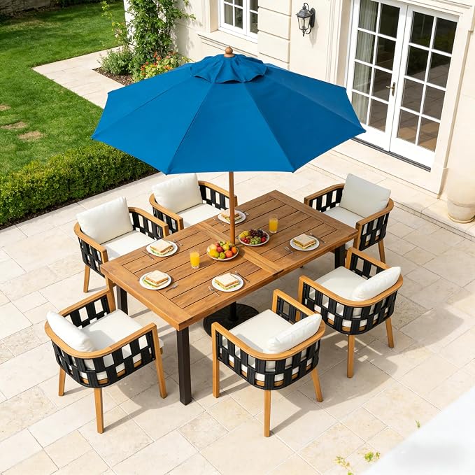 Acacia Wood Dining Set - Teak Finish Table + 6 Chairs with Cream Cushions, Rustic Metal Legs, for Outdoor Patio, Garden, Poolside, Indoor Use - Set of 7, Modern Coastal Style (Style4)