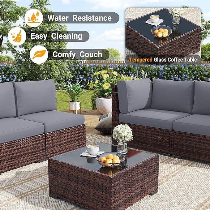 Outdoor Patio Furniture Set with 44" Fire Pit Table 8 Pieces Rattan Patio Sectional Sofa Conversation Set w/55000 BTU Propane Gas Fire Pit, Coffee Table, 2 Waterproof Covers, Grey