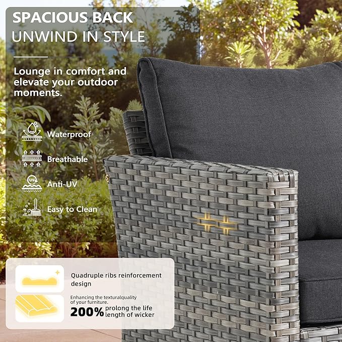 Patio Furniture, All Weather Wicker 6 PCS Outdoor Sofa with High Back Swivel Rocker Chairs, Conversation Set with Solar Light Coffee Table,Light Rattan Black Cushion
