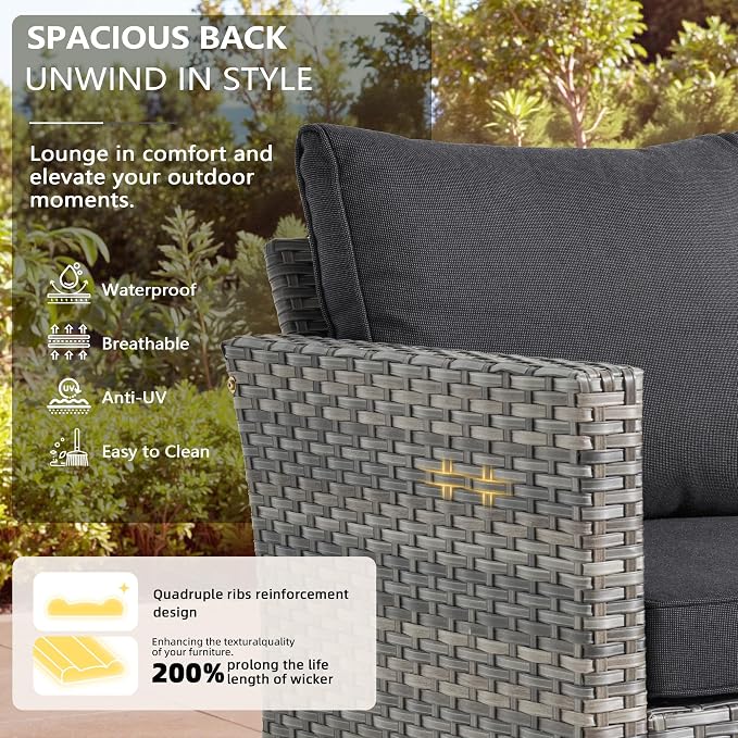 CAODOC 6 Pieces PE Wicker Patio Furniture Set, Outdoor Sectional Sofa with Swivel Chairs, Modern Rattan Conversation Set for Yard, Garden, Lawn, Deck, and Backyard