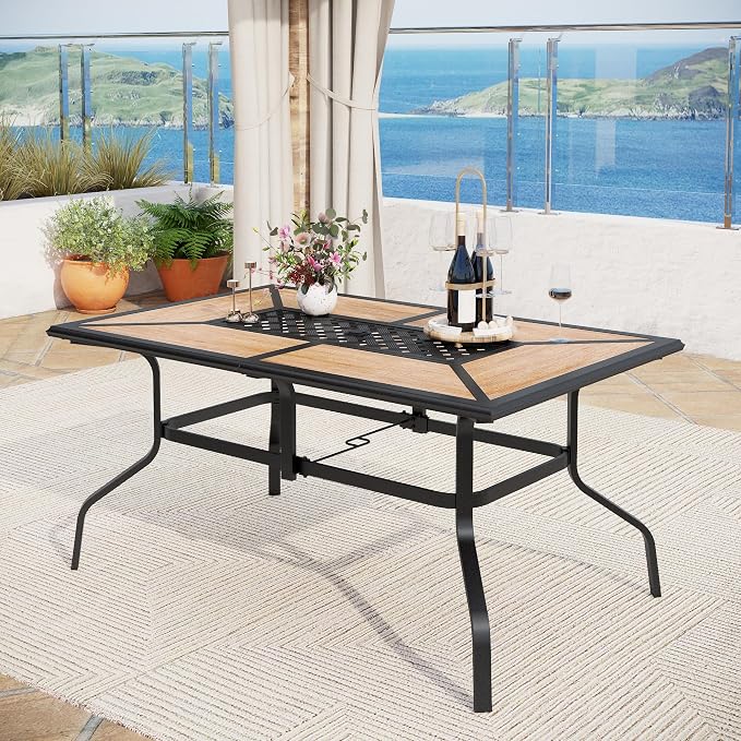 MFSTUDIO Outdoor Patio Dining Table for 6, Rectangular Patio Furniture Table with Metal Frame and Immitation Top, Adjustable Umbrella Hole