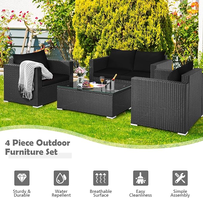 COSTWAY 4-Piece Patio Rattan Furniture Set, Cushioned Sofa Chair, Loveseat and Coffee Table with Tempered Glass Top, Outdoor Conversation Sets for Garden Poolside Balcony Porch (Black)