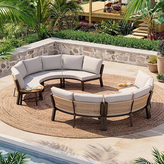 Half Moon Patio Furniture Set, Aluminum Curved Patio Conversation Sets, Luxury Outdoor Sectional Sofa with PE Rope, All-Weather 7 Pcs Outdoor Couch with Modular Coffee Table & Cushions, Gray